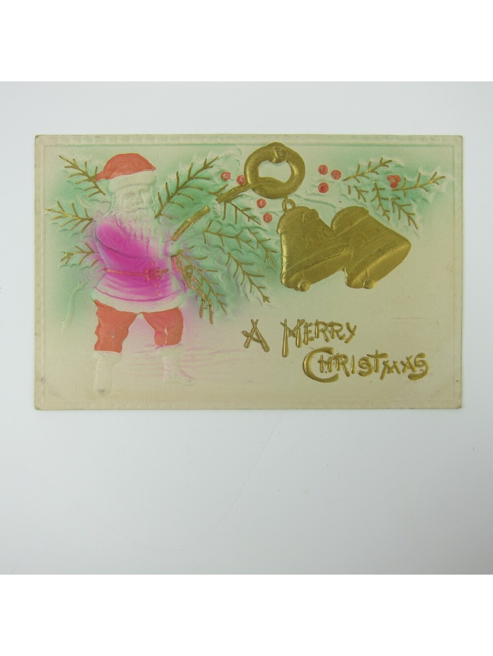 Vintage Christmas Postcard Santa Airbrushed Red Pink Bells Gold Embossed Antique